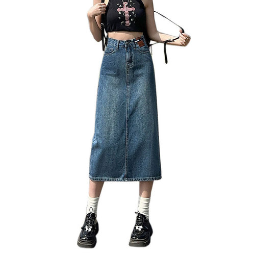 Women's Ins Style Frayed Denim Half-length Skirt with High-waist Design, Leather Branding, Unique A-line Hipster Medium-length Dress