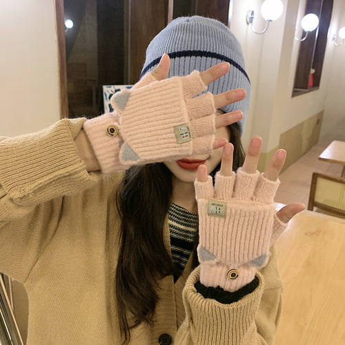 Winter gloves for women, autumn and winter cute fleece-lined warm and cold-proof half-finger flip-top gloves for students—men's writing gloves with plush lining.