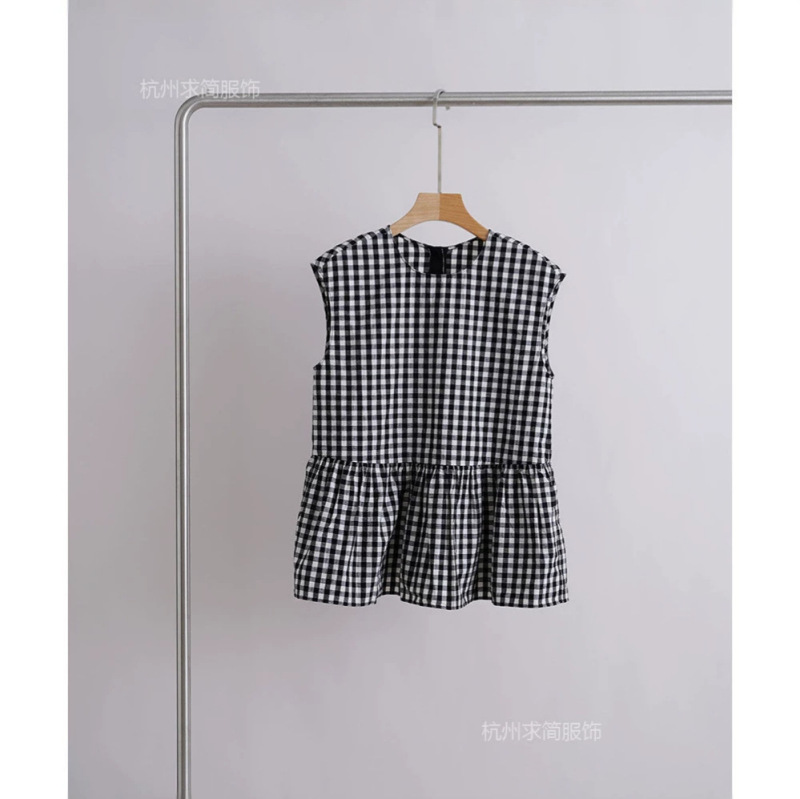 Japanese Imported Cotton and Linen Half-Open Front Plaid Doll Shirt with Back Design Japanese Imported Cotton and Linen Half-Open Front Plaid Doll Shirt with Back Design