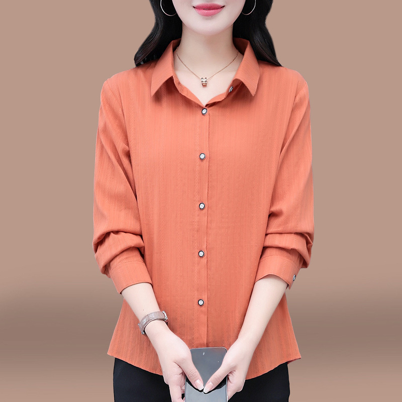 女士早秋纯棉长袖衬衫2025春秋新款宽松大码中年妈妈全棉休闲上衣|undefined