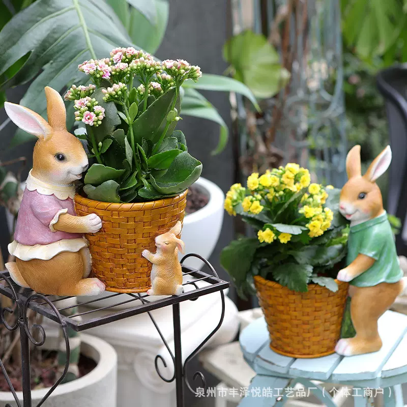 户外花园小动物可爱兔子花盆多肉花缸庭院创意装饰树脂摆件工艺品