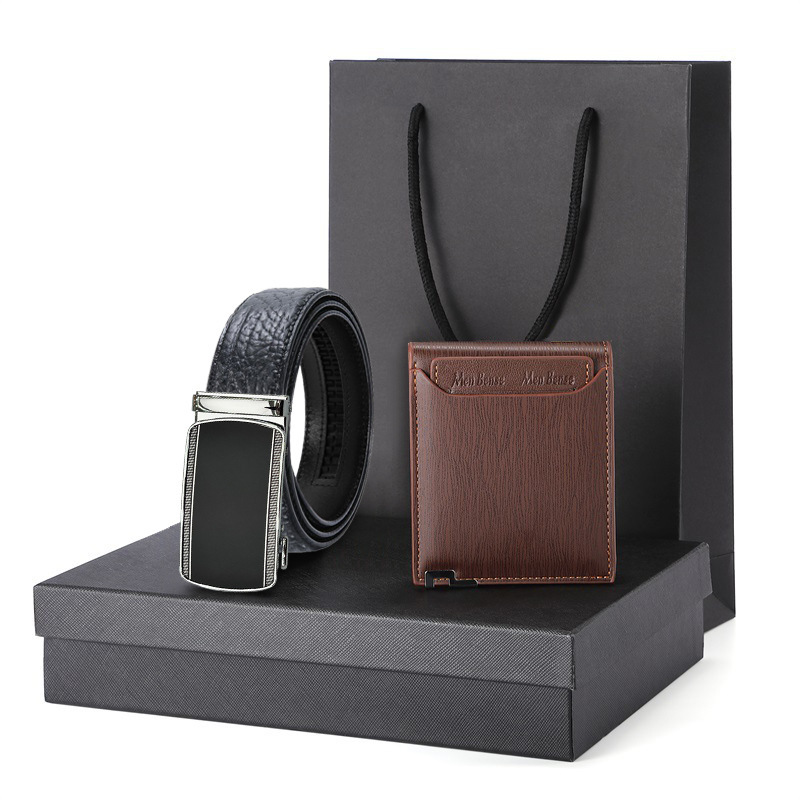 First-Layer Bison Pattern Genuine Leather Belt Wallet Set Gift Box Men's Business Gift Brand Logo Belt Customization
