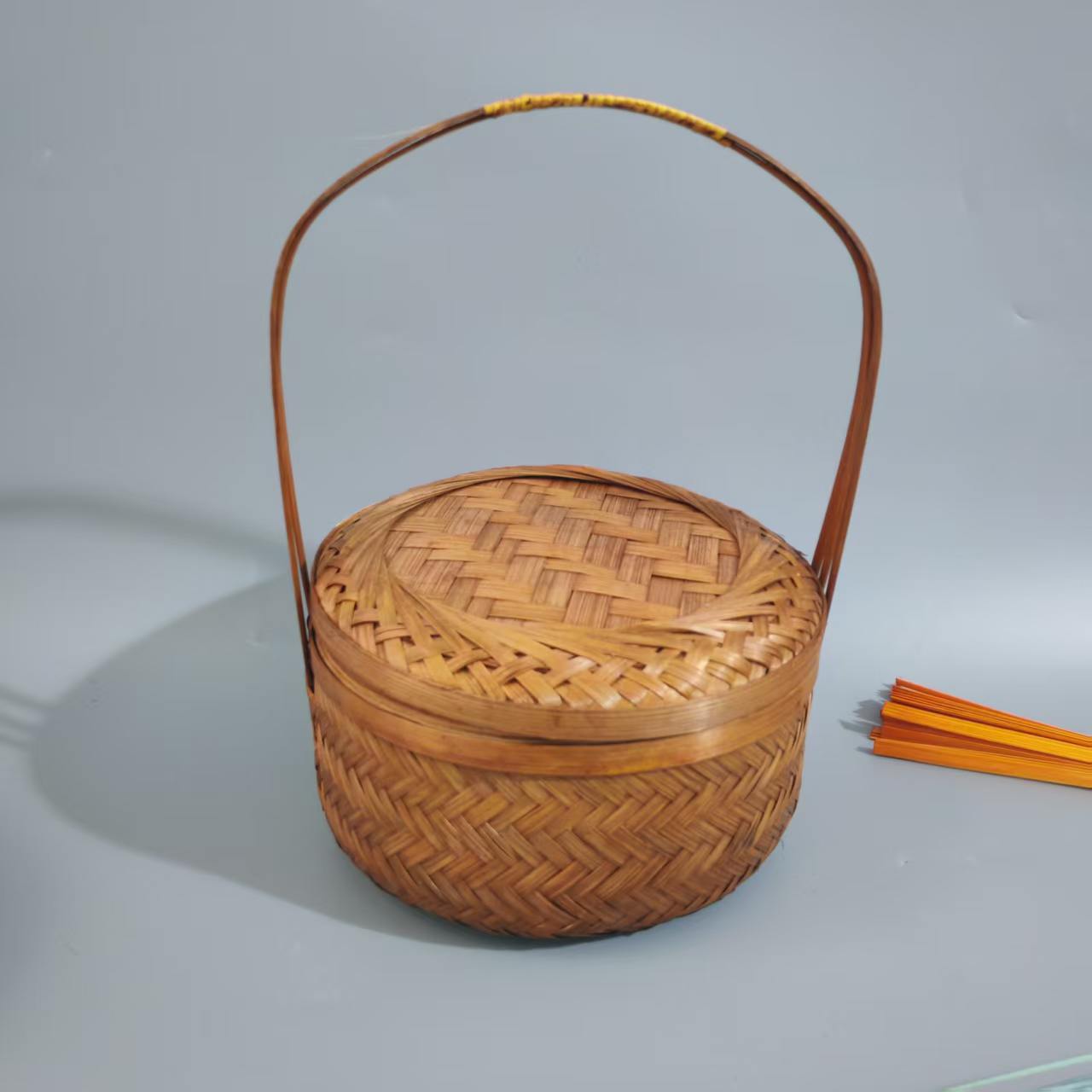 Cesta de Bambú Tejido Grande Redonda con Tapa para Regalos y Hogar