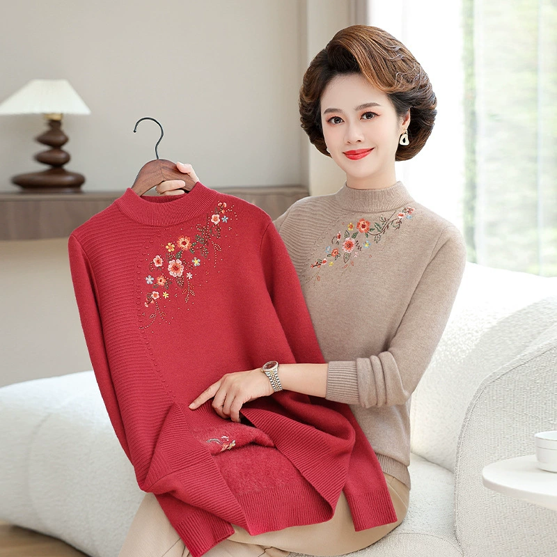 Мама осень-зима новый бархатный толстый внутренний топ вышитый трикотажный нижний свитер для пожилых женщин
