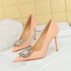 3265-K3 Korean Fashion Banquet High Heels Slim Heel Shallow Notched Metal Rhinestone Button Women's Single Shoes Ultra High Heels