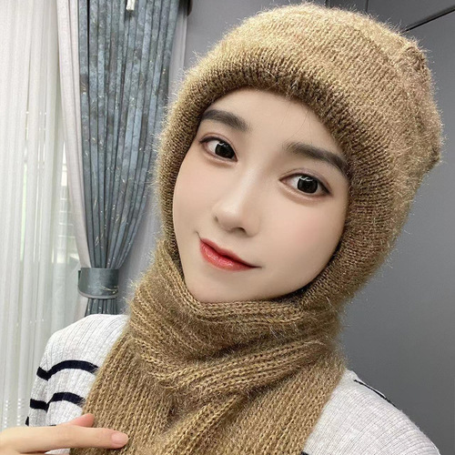 Winter integrated scarf one-piece hat for women, lined and thick, connected snowproof hat, autumn and winter handmade knitted wool hat for middle-aged and elderly women