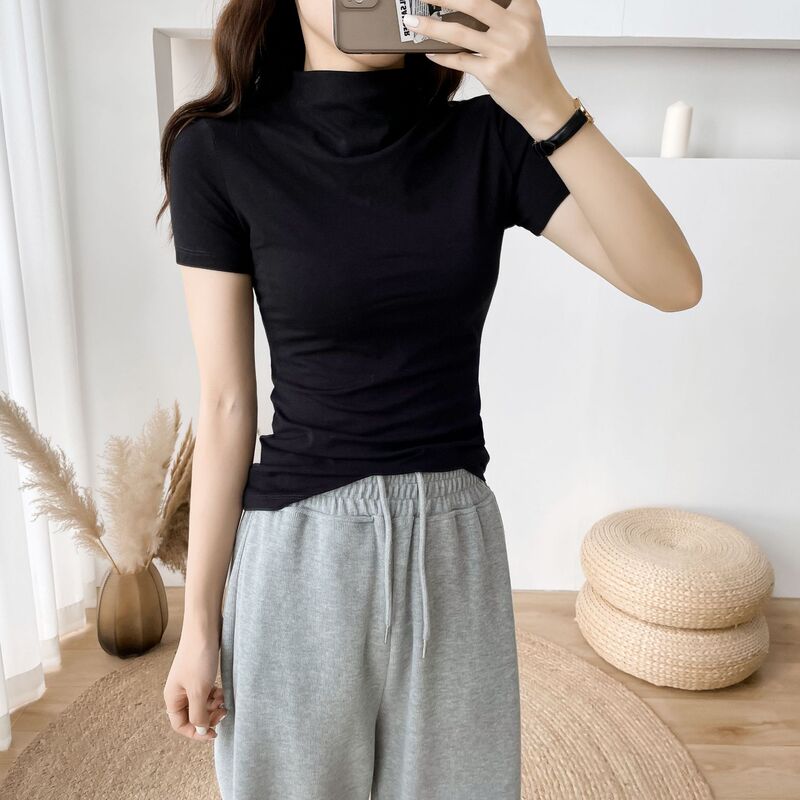 Black Turtleneck Short-Sleeved T-Shirt for Women with Short Sleeves 2024 New Pure Cotton Inner Layer Slimming Look Bottoming Top for Women Black Turtleneck Short-Sleeved T-Shirt for Women with Short Sleeves 2024 New Pure Cotton Inner Layer Slimming Look Bottoming Top for Women