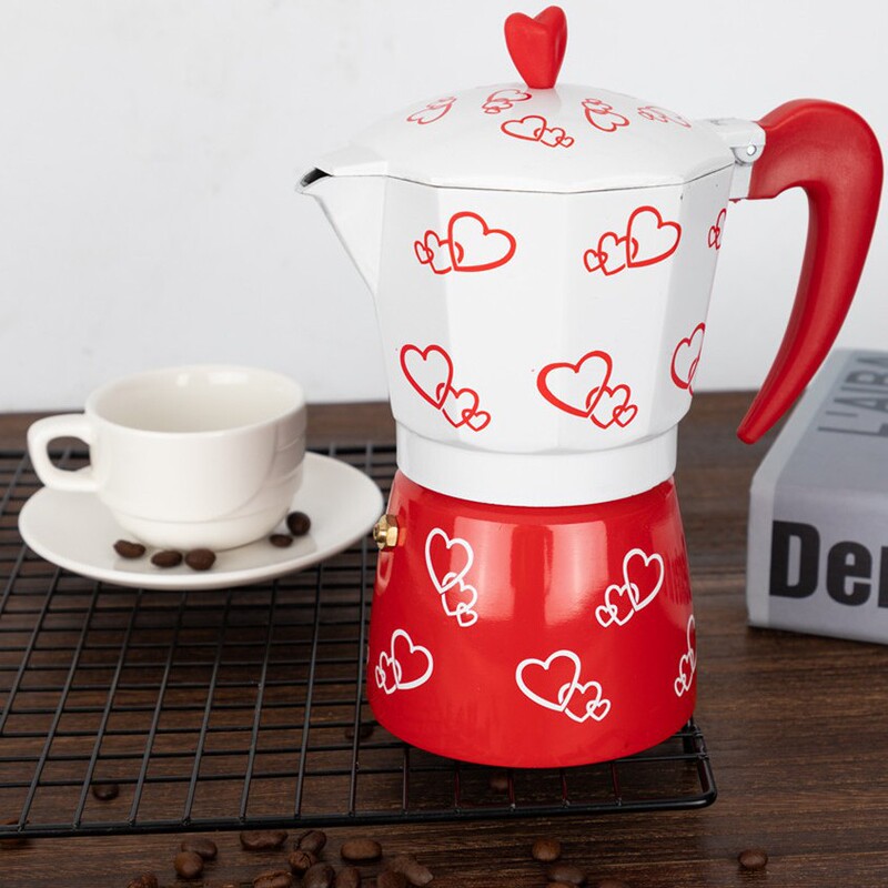Maiyika Amazon Best-Selling Painted Heart-Shaped Italian Moka Pot Aluminum Coffee Maker Home Espresso Maker