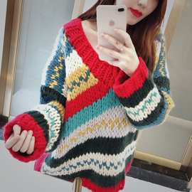 秋冬加厚纯手工编织毛衣女宽松外穿慵懒风V领套头粗毛线彩虹上衣
