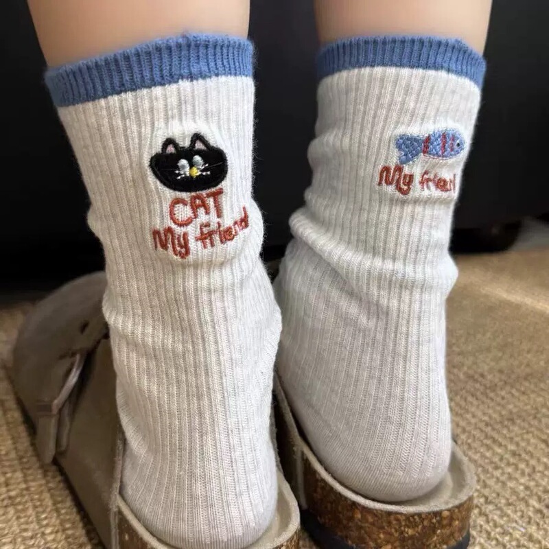Autumn and Winter New Women's Socks with Personality, Trendy Ab Version Embroidered with Kittens, Fish, Letters, Mid-Tube Slouch Socks, Cotton Socks Wholesale