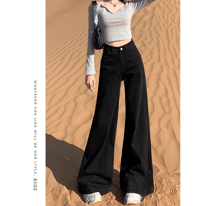 美式黑色大阔腿牛仔裤女2025春秋新款高腰宽松不贴腿喇叭拖地裤子|undefined
