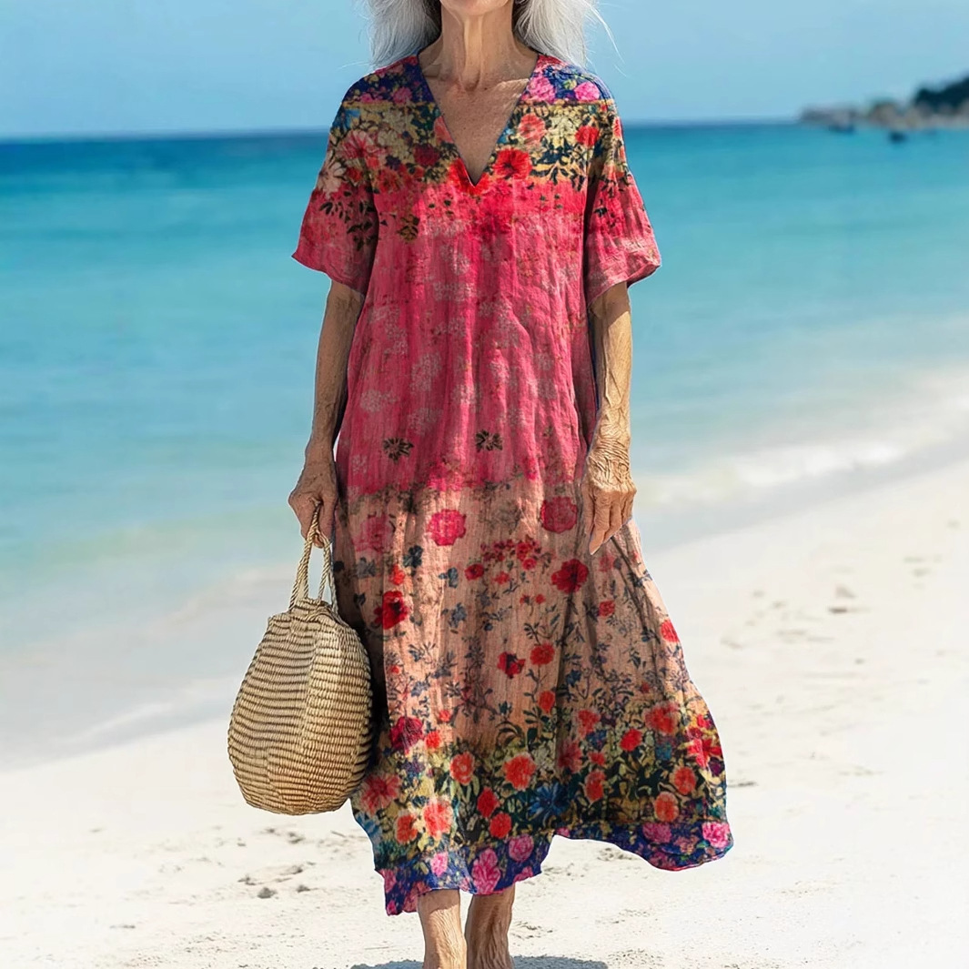 Creative Floral Women's Summer V-Neck Short Sleeve Dress, Mid-Length Dress_ecoleips.com