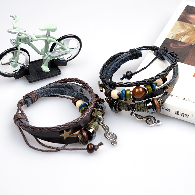 Cross-Border E-Commerce Supply European and American Musical Note Pendant Beaded Pu Leather Bracelet Couple Jewelry Wholesale Woven Bracelet