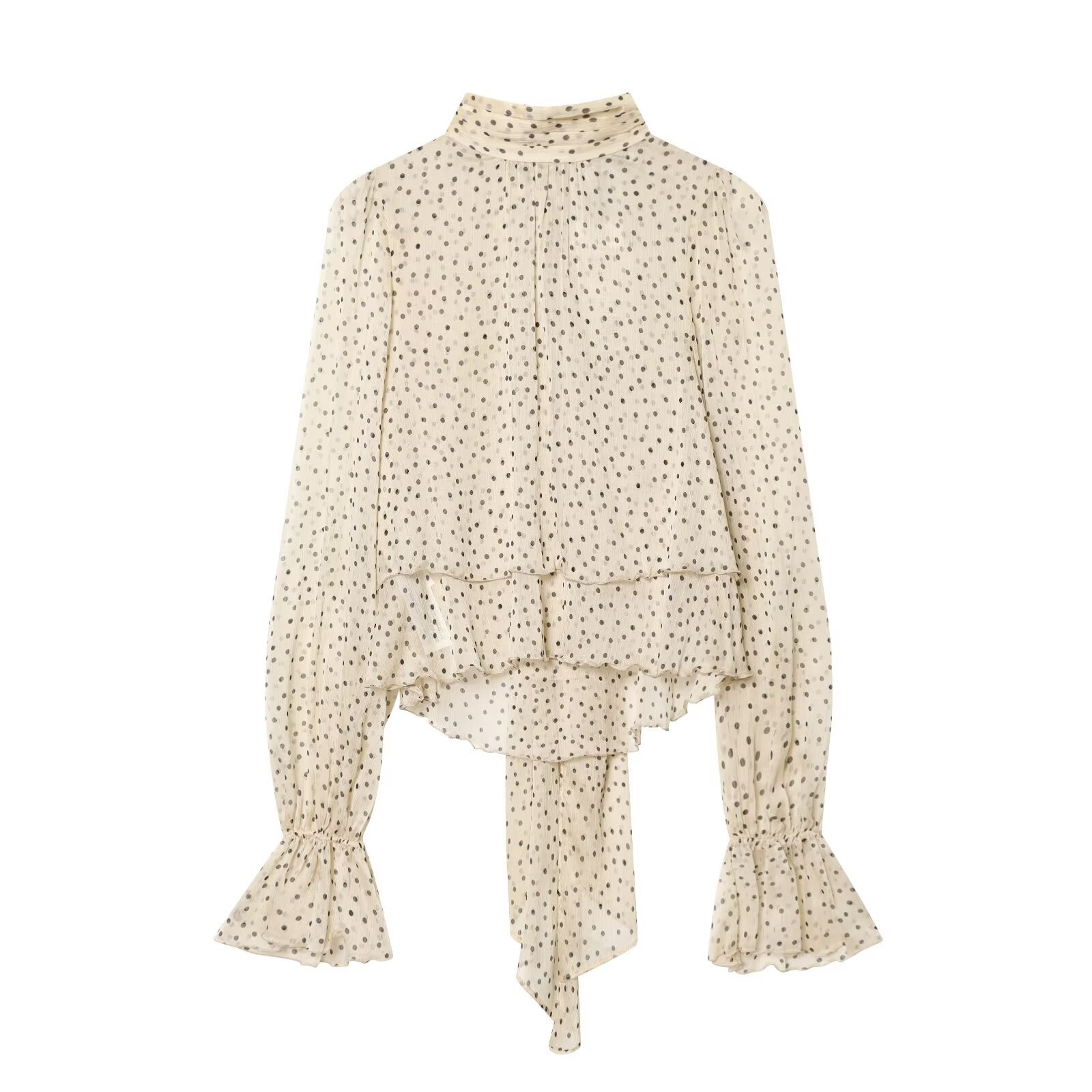 Women's French Chic Polka Dot Tie Neck Ruffle Short Shirt Summer New Arrival_ecoleips.com