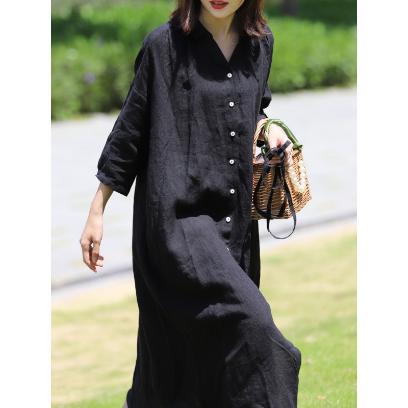 2025 New Linen Dress Black Full Placket Shirt Plus Size Skirt Three-Quarter Sleeve Cotton and Linen Mid-Length