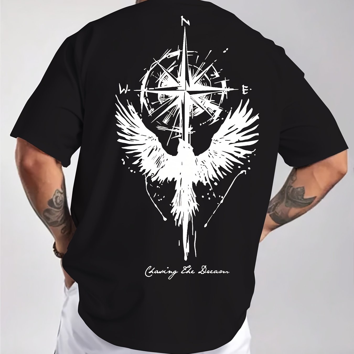 Men's Summer Cotton Crew Neck T-shirt With Compass And Bird Print_voghion.com