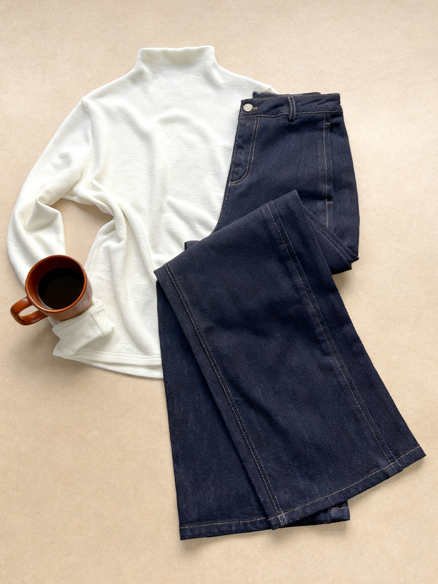 Quần jean ống rộng Xinge denim xanh chống phai màu, lưng cao, dáng suông dài đến sàn — màu xanh denim