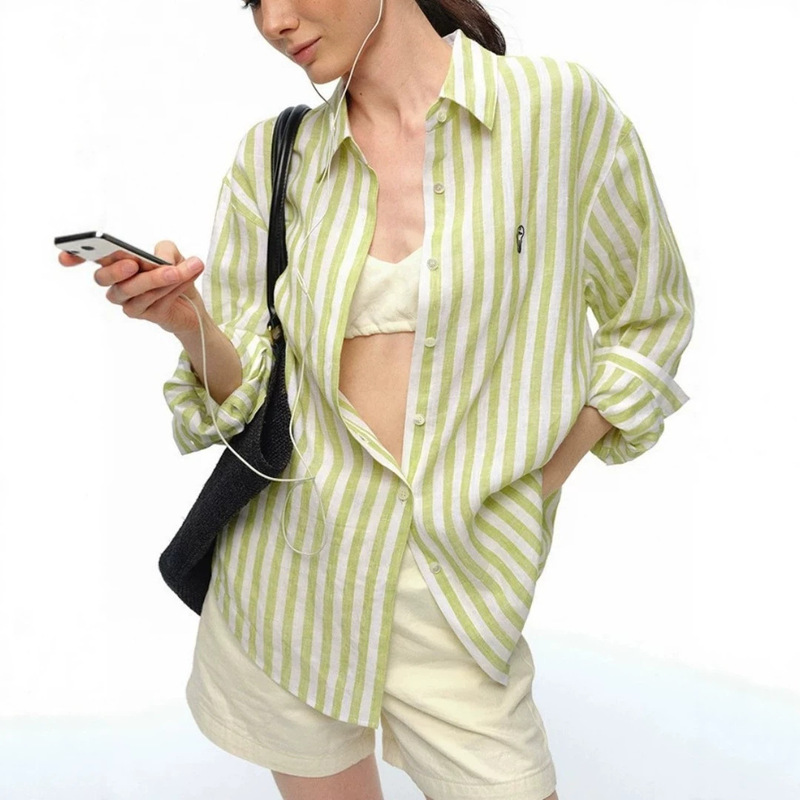 100% Linen Vertical Striped Shirt for Women, Long-Sleeve, Loose Fit, Casual, Commuter Shirt, Sun Protection Top, Summer Jacket