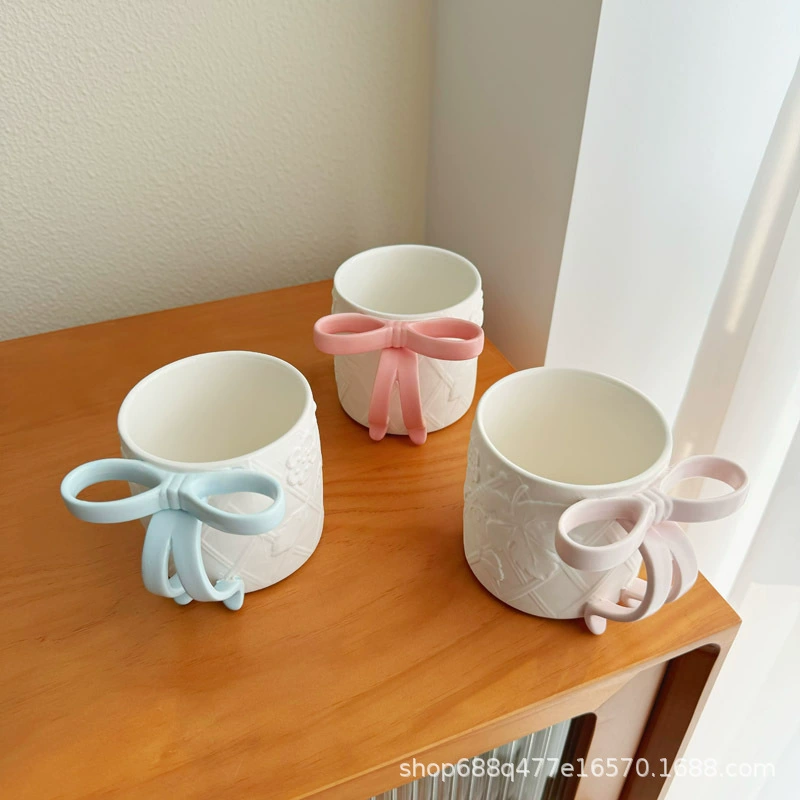 Matte Ceramic Tea Cup with Bow Handle, 380 ml, Microwave & Dishwasher Safe
