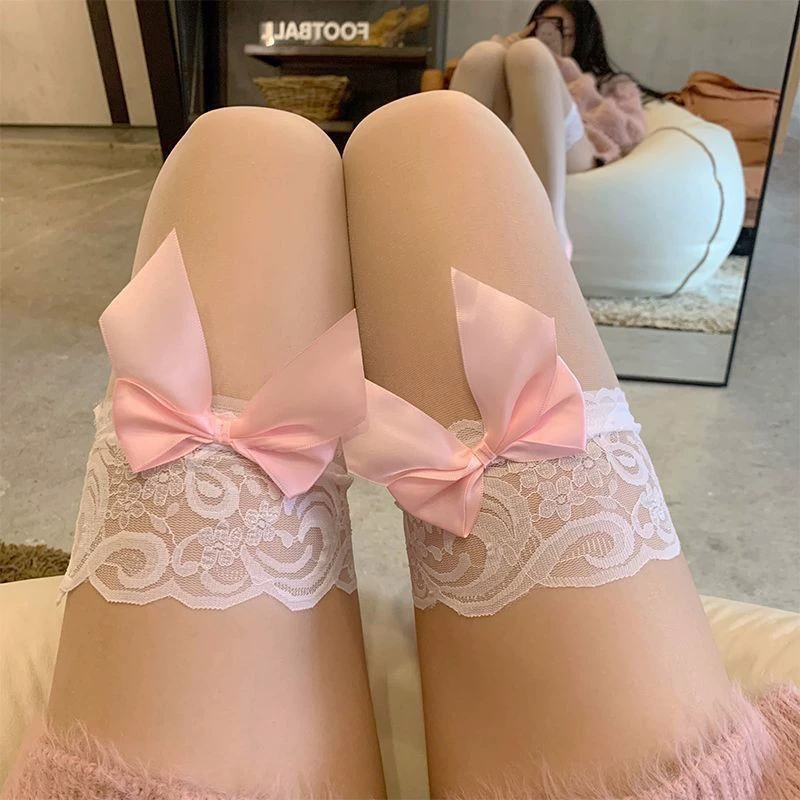 Гольфы с кружевом (женские), тонкие летние колготки с бантом, one size — кожа/чёрный/белый