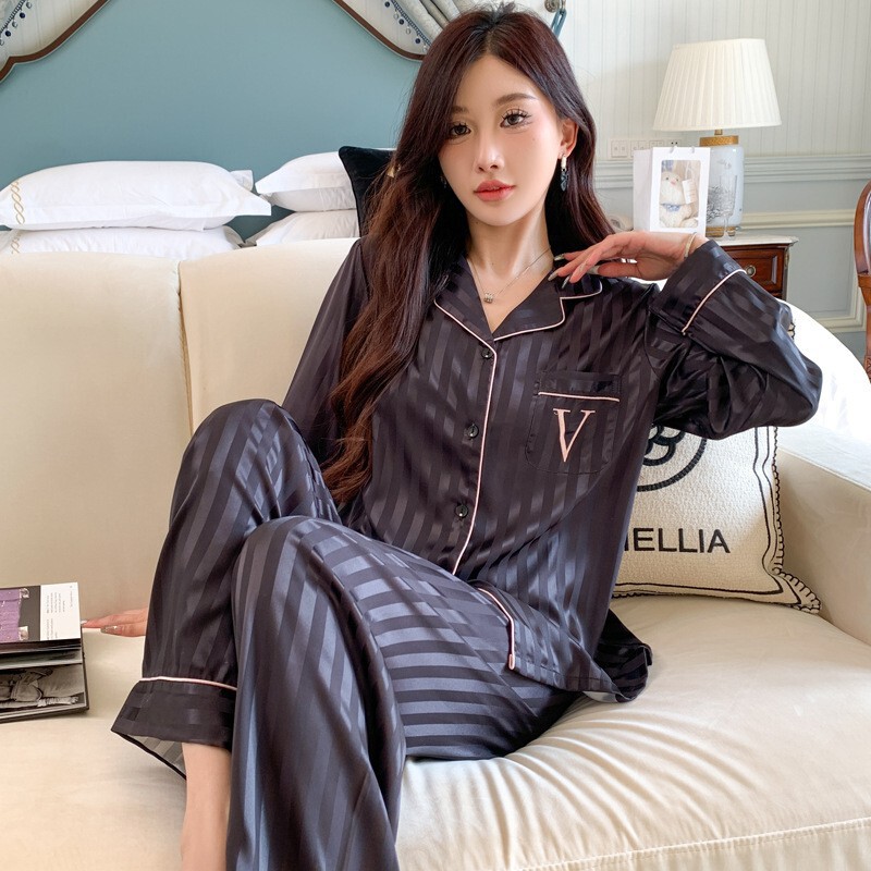 Spring and Autumn youth Korean style women's ice silk thin pajamas long sleeve trousers silk home wear suit New 2024