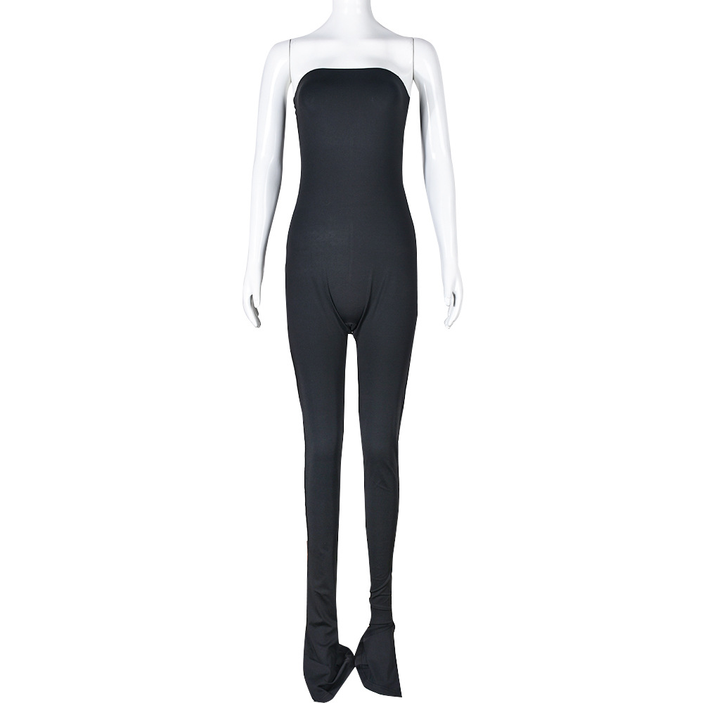 Women Clothing off Neck Stitching High Elastic Slit Slim Fitting Jumpsuit