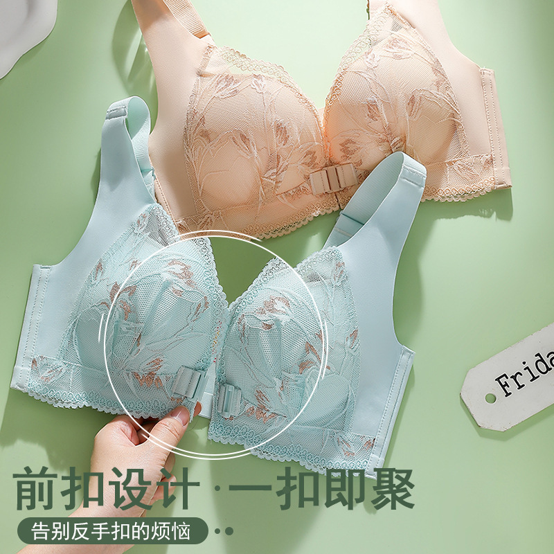 Popular Front-Button Bra for Women with Small Breasts, Push-Up, Side-Retracting Breasts, No Rims, Beautiful Back Lace Bra