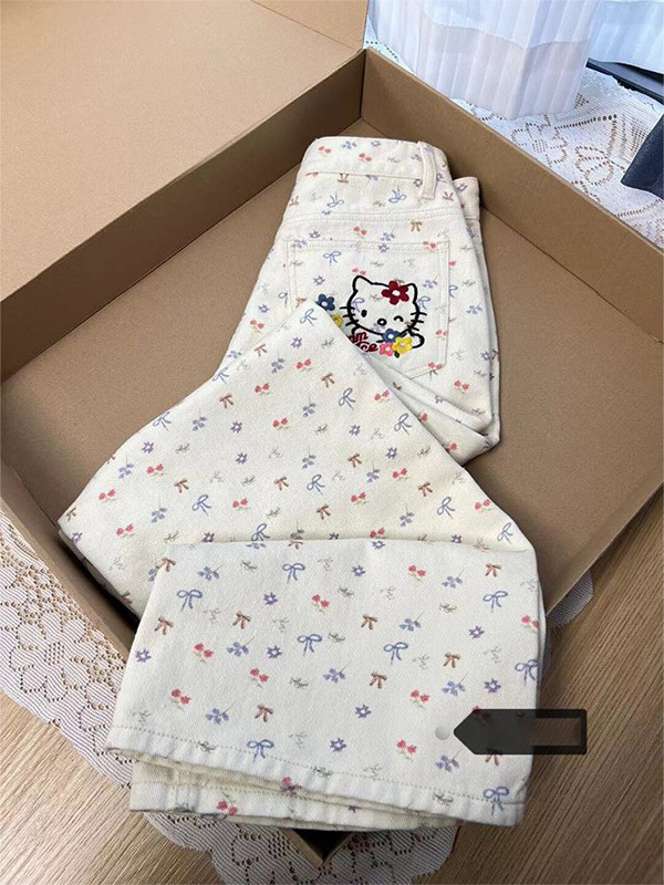 大码简约慵懒碎花kitty刺绣牛仔裤女夏季新款少女感高腰直筒长裤|undefined