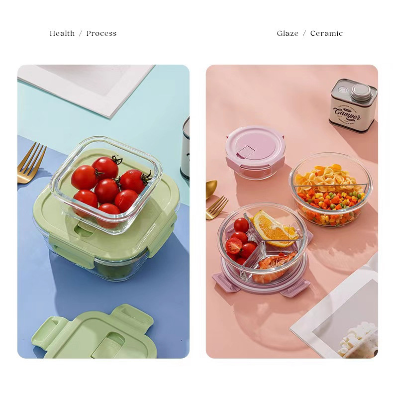 Lonchera de vidrio, tazón de vidrio, caja rectangular para horno microondas, lonchera resistente a altas temperaturas, caja redonda para conservar alimentos, apta para horno microondas