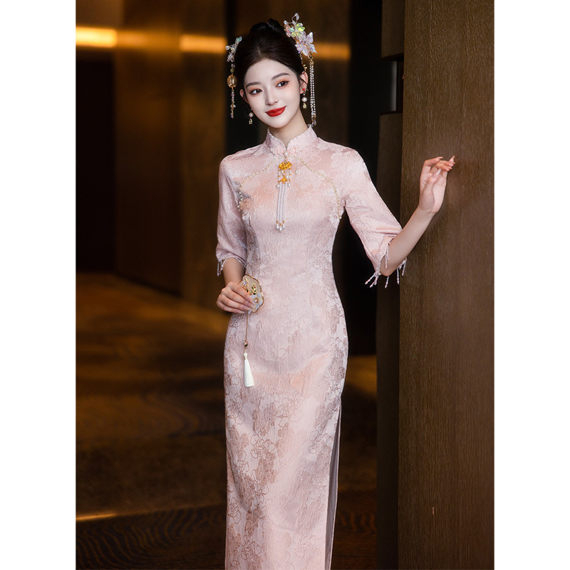 New Chinese-Style Pink Cheongsam, Improved French Style, New Engagement Dress, Can Be Worn Casually, Toast Dress, Bride's Evening Dress