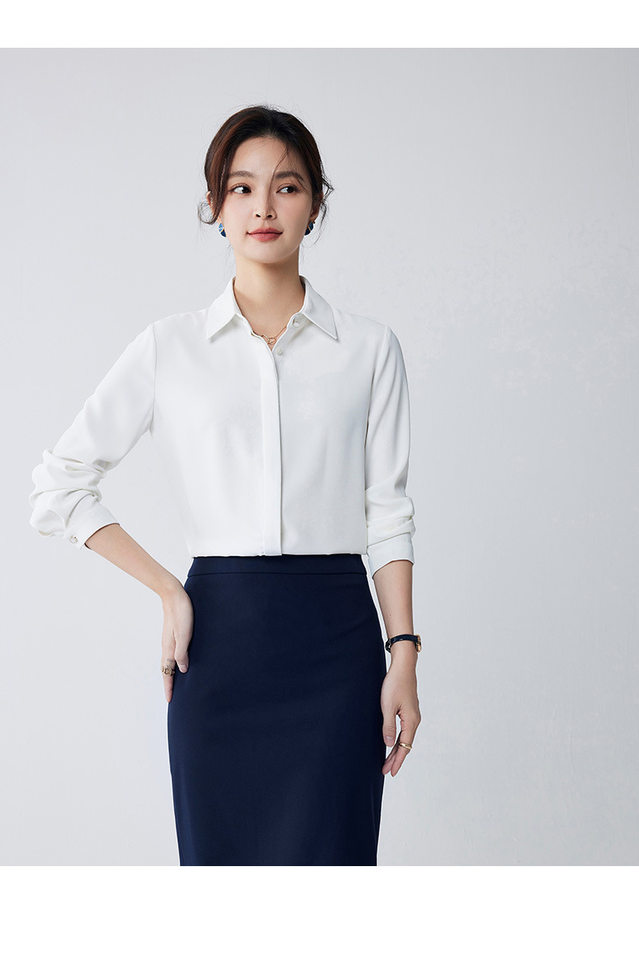 Áo sơ mi voan dài tay nữ cổ vuông, thiết kế chống lộ, phom rủ mềm mại — Trắng-dài tay-nữ chi tiết 17
