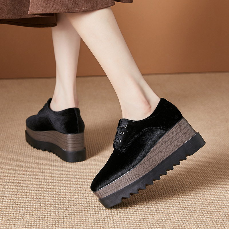 European Platform Shoes for Women, Thick-Soled, 2026 Spring New Style, Square Toe, Lace-Up, Suede, High-Heeled Wedge Shoes, British Style