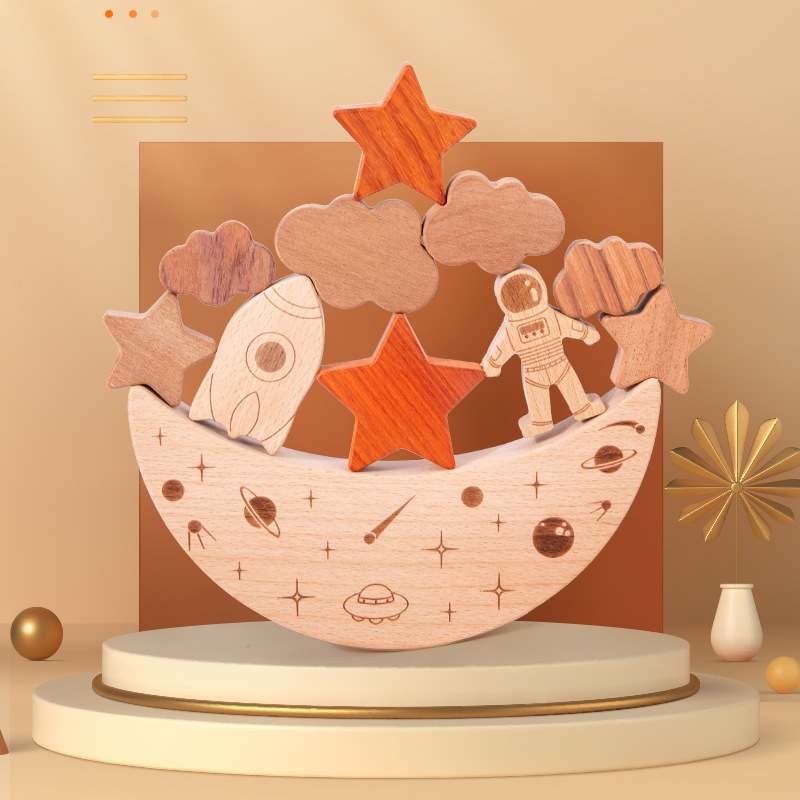 Los niños de madera montessori pensamiento educativo educación temprana padre-hijo montaje interactivo juguete de madera espacio luna equilibrio bloques de construcción