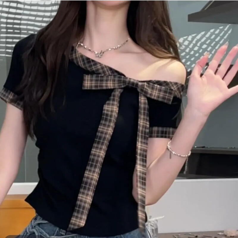 Sweet style striped short sleeve t-shirt women's summer new bow t-shirt slim open shoulder design sense top wholesale