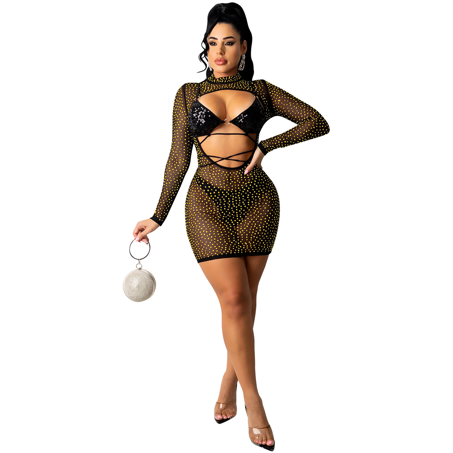 sequins hot diamond hollow strappy long sleeve mesh two-piece set without panties NSFYZ118536