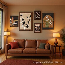 中古侘寂风客厅装饰画法式抽象沙发背景墙复古小众艺术高级感壁画