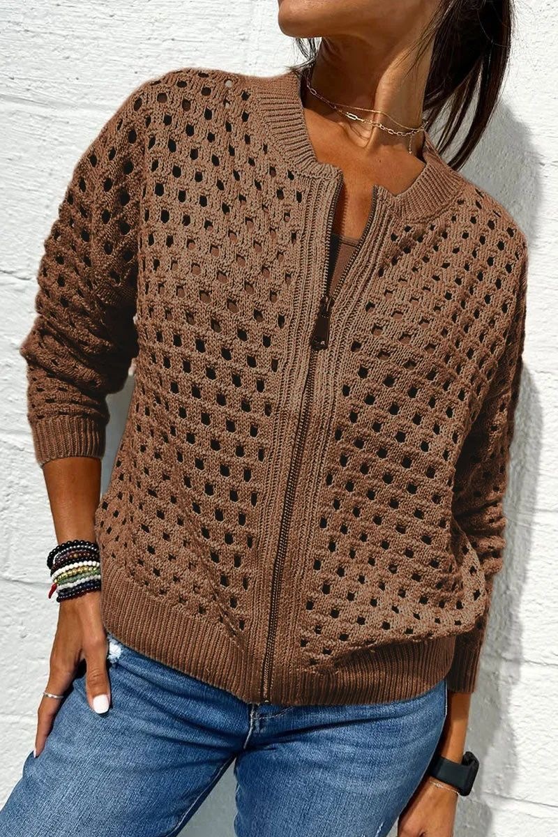 2026 nueva estación independiente de Amazon Europa y Estados Unidos ropa de mujer casual jersey hueco chaqueta con cremallera de punto chaqueta de mujer