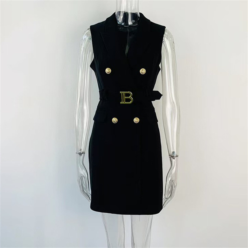 Spring/Autumn/Summer Suit Collar Sleeveless Vest Dress with Belt, New Rose Red Elegant Dress for Women