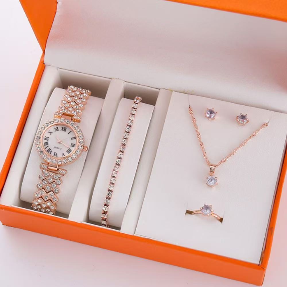 Rose gold roman watch + water wave chain plus single row