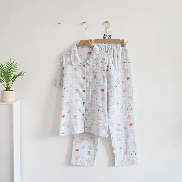 Blue plaid bear short-sleeved trousers