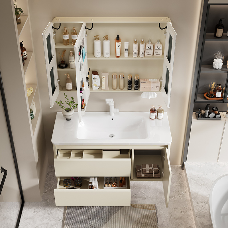 Gabinete de espejo inteligente de arco cerámico todo en uno crema de viento luz de niebla de baño espejo de acero inoxidable panal de panal gabinete de baño