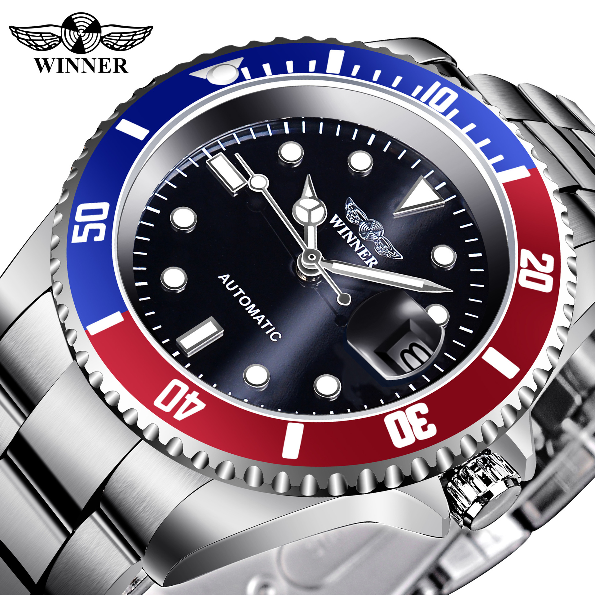 Winner Water Ghost Series Men's Automatic Mechanical Watch Band Calendar Stainless Steel Watch Band_voghion.com