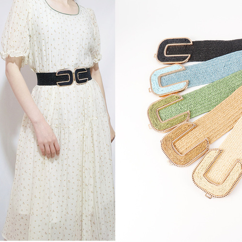 Summer new fashionable elastic woven buckle PP straw belt comfortable and versatile elastic waistband multi-color decorative dress
