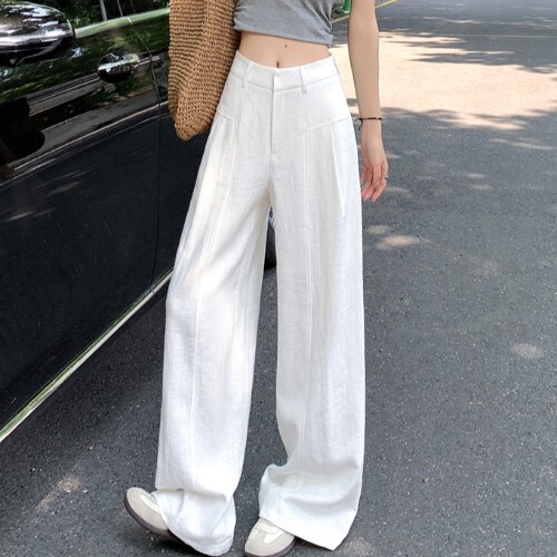 老钱风窄版亚麻弯刀阔腿裤女夏薄款藏青色棉绸裤子慵懒直筒西装裤|undefined