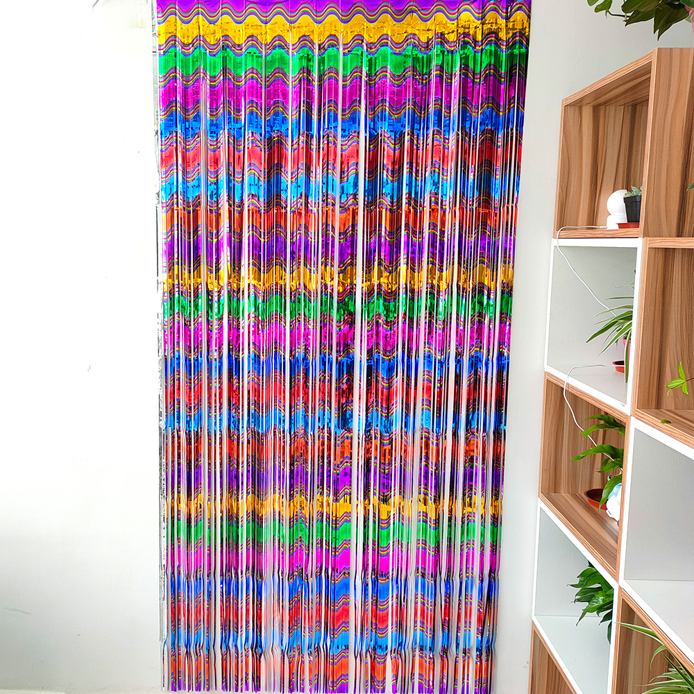 Material PET decoración de escena de fiesta diseño de fondo de cumpleaños cortina de seda de lluvia degradado patrón de muaré cortina de seda de lluvia 1*2m