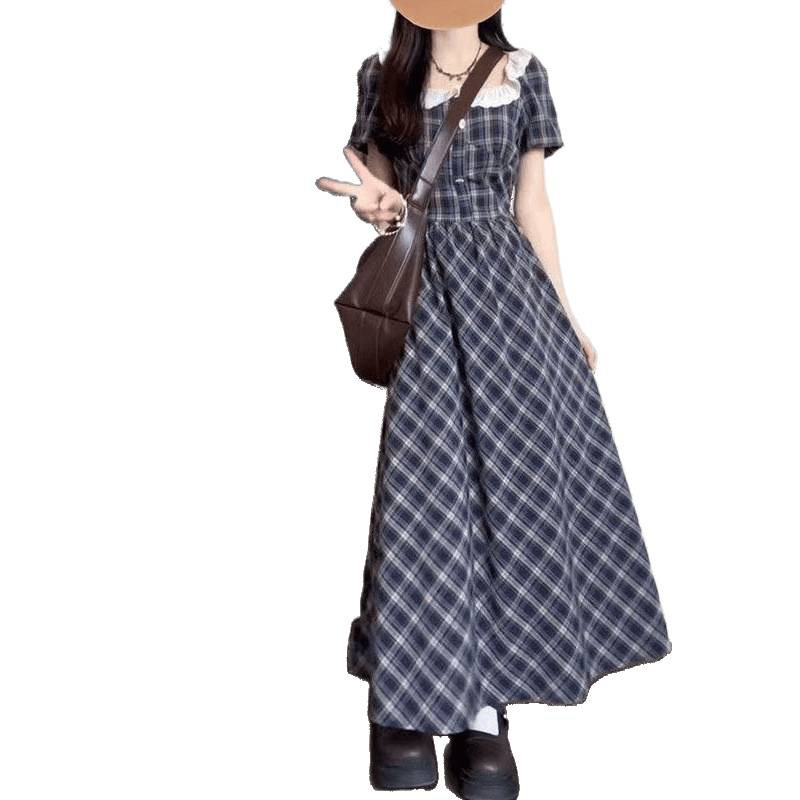 学院风甜美时尚高腰修身格纹连衣裙女夏季收腰显瘦蕾丝拼接A笙陇|undefined