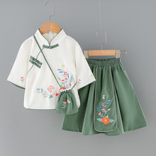 新款古装汉服女童棉麻短袖儿童套装民族风国学服女童唐装夏季包包