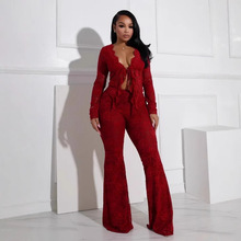 2025春夏欧美跨境女装性感系带镂空开衫长袖蕾丝衫蕾丝裤两件套