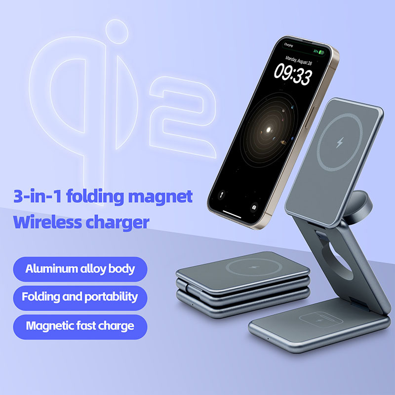 Three-in-one aluminum alloy wireless charger for iphone watch headset wireless charging folding metal bracket
