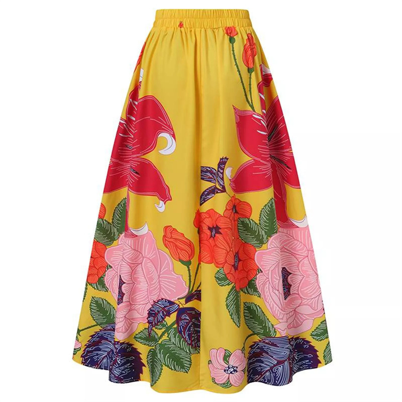 European And American Cross-border Foreign Trade Women's Skirt, Bohemian Floral Loose High-waisted Holiday Flared Pocket_ecoleips.com